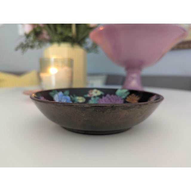 Metal Vintage Chinese Enamel Ceramic and Brass Decorative Bowl Wall Hanging For Sale - Image 7 of 8
