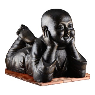 Laughing Baby Buddha Statue W/ Bamboo Mat Cast Resin & Fiberglass For Sale