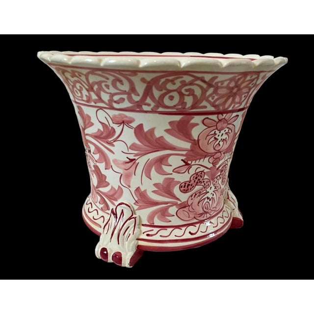 Vintage Ceramic Hand,-Painted Floral Cache-Pot or Planter. Made in Spain. Pink, Red, White. For Sale - Image 4 of 11
