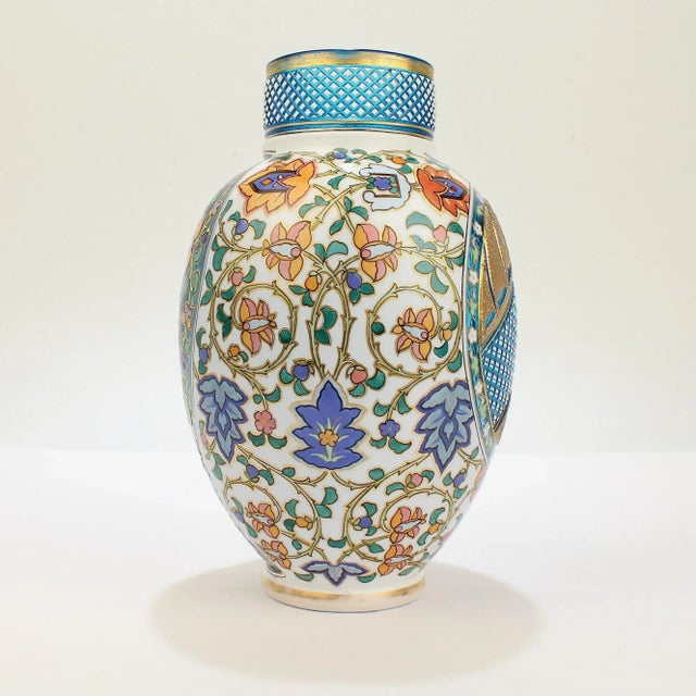 Late 19th Century Antique Bohemian Aesthetic Movement Cased Blue & White Enameled Cut Glass Vase For Sale - Image 5 of 9