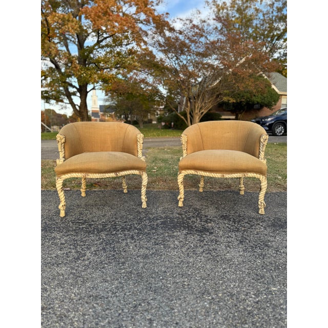 Vintage Rope and Tassel Carved Bergère Chairs - A Pair For Sale - Image 10 of 12