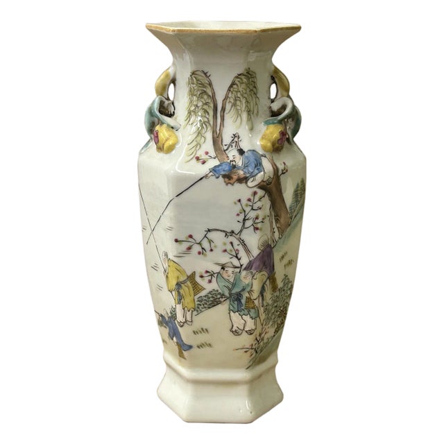 Chinese Scenery Graphic Hexagonal White Porcelain Art Vase 2 For Sale