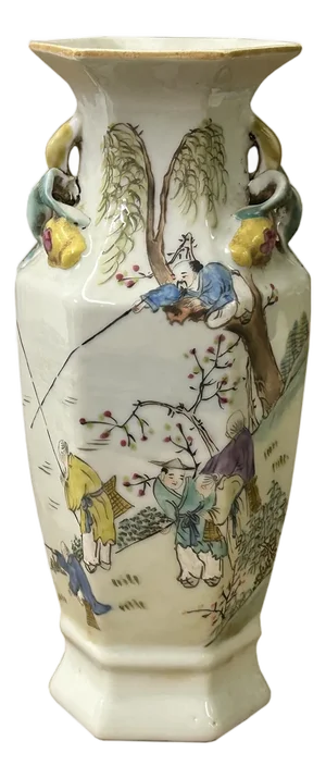 Chinese Scenery Graphic Hexagonal White Porcelain Art Vase 2