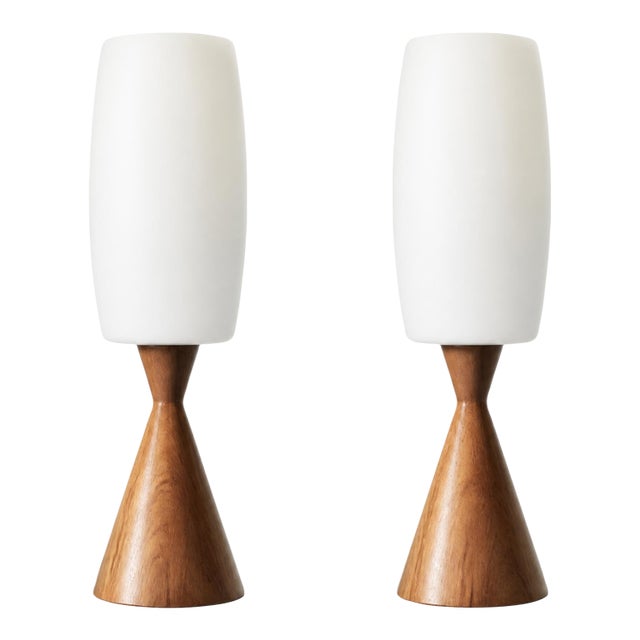 Mid Century Conical Wood and Glass Table Lamps - Set of 2 For Sale