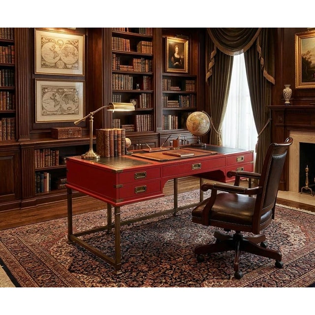Vintage Campaign Style Red Lacquered Writing Table/Desk For Sale - Image 11 of 12
