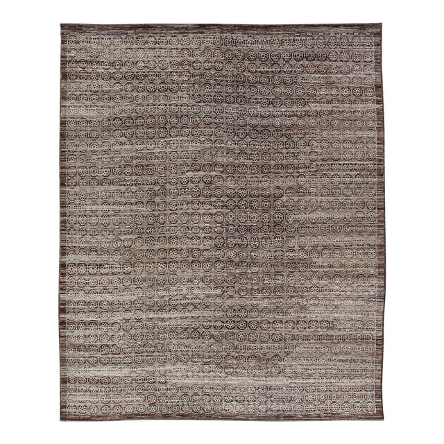 Modern Hand-Knotted Khotan Rug in Wool With Geometric Design in Brown and Ivory 10'1 X 13'1 For Sale