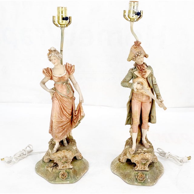 Pair of Large Porcelain Ceramic Dancing Very Fine Figurines Table Lamps MINT! For Sale - Image 11 of 17