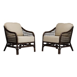 Pair of 20th Century French Dark Brown Mid-Century Organic Modernism Faux Bamboo Upholstered Armchairs For Sale