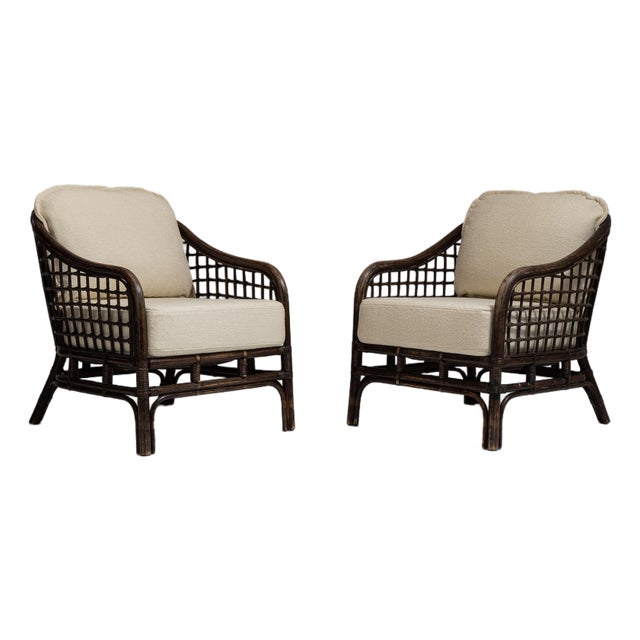Pair of 20th Century French Dark Brown Mid-Century Organic Modernism Faux Bamboo Upholstered Armchairs For Sale
