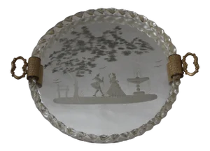 Vintage Mid Century Italian Murano Twisted Rope Etched Glass Vanity Tray Gold Finish Handles