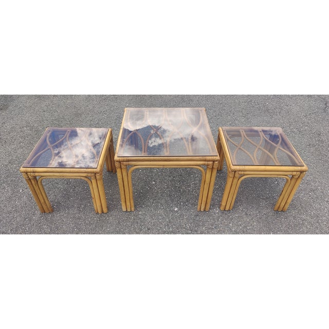 Vintage Boho Bamboo Rattan Table Set- Set of Three For Sale - Image 11 of 12