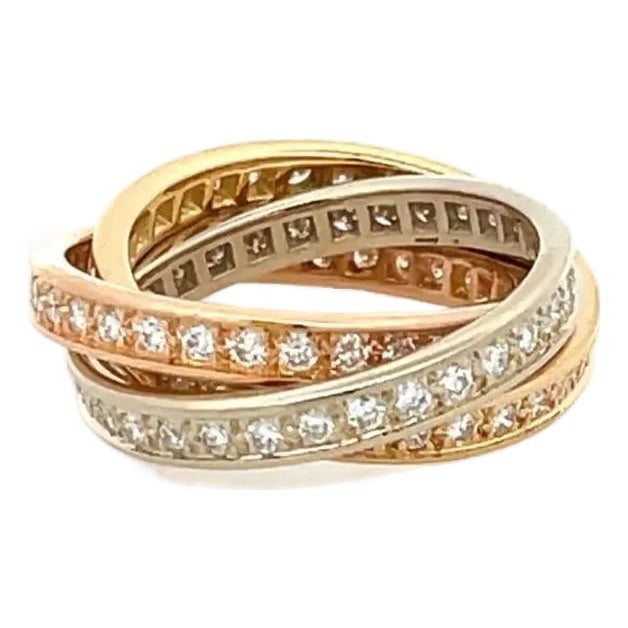 Cartier Trinity Diamond 18k Tricolor Gold Rolling Band Ring Size 6 W/Paper For Sale