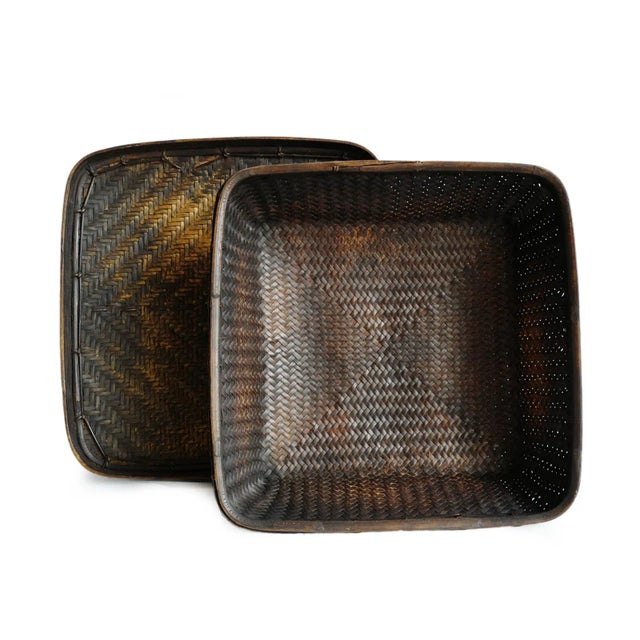 Vintage handwoven lidded basket from Northern Thailand crafted from finely split bamboo with traditional rattan lashings....