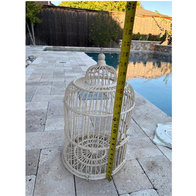 Antique White Wicker Birdcage on Metal Stand Sunroom Garden Decor For Sale - Image 9 of 12