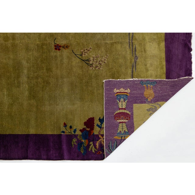 Art Deco Antique 1920s Art Deco Chinese Rug in Chartreuse Olive and Imperial Violet 9x12 For Sale - Image 3 of 12