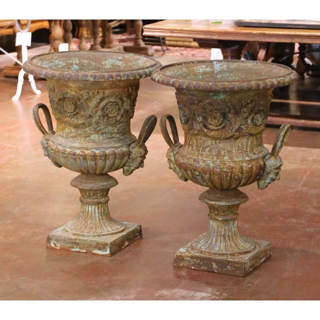 Pair of Early 20th Century French Painted Iron Urns With Figural Mask Handles For Sale In Dallas - Image 6 of 9