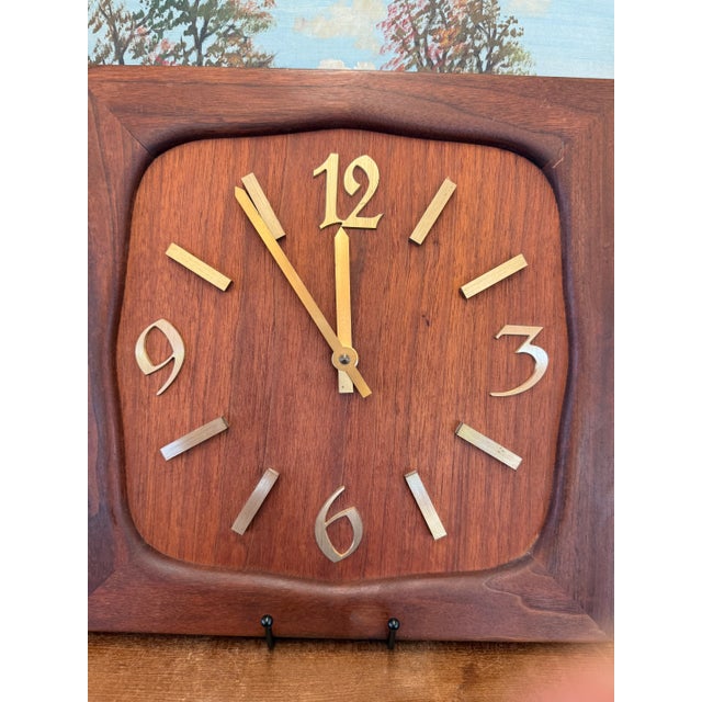Vintage Mid Century Modern Handmade Solid Wood Clock With Gold Colored Modified Serif Typeface For Sale In Seattle - Image 6 of 7