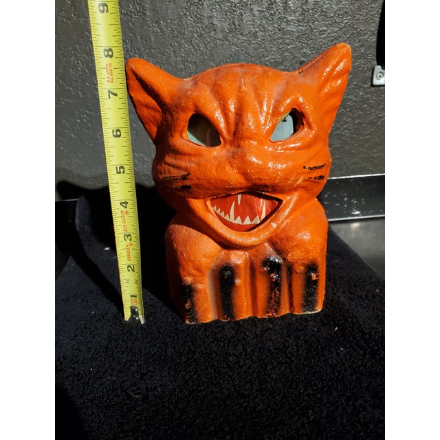 Vintage Molded Papier-Mâché Halloween Orange Cat Candy Container / Lantern For Sale - Image 11 of 11