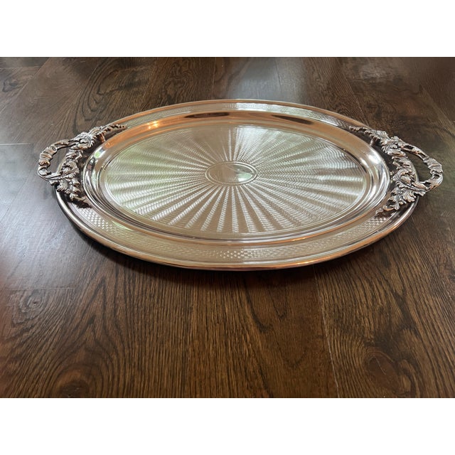 Antique French Silver Plate Repousse Handle Engine Turn Serving Tray For Sale In Atlanta - Image 6 of 12