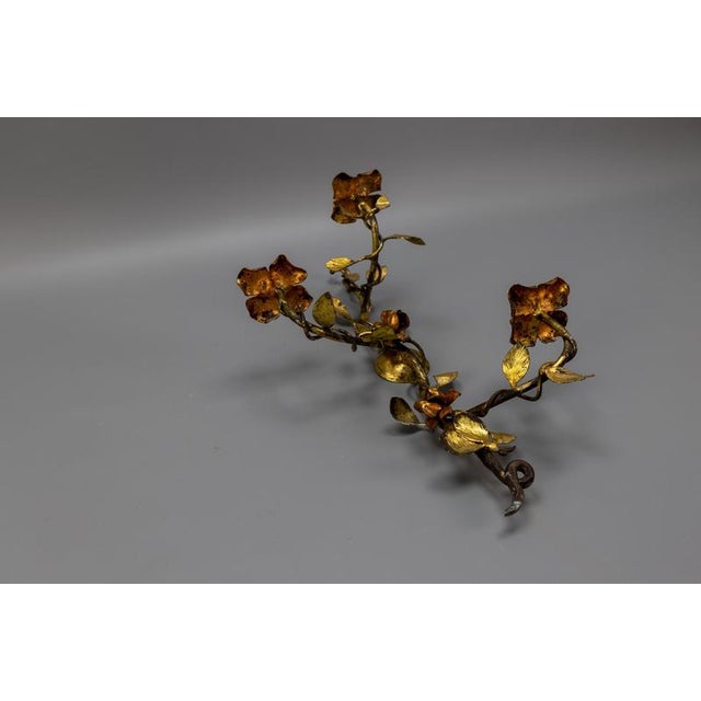 Hollywood Regency Gilt Tole Metal Triple-Arm Floral Wall Candle Sconce, 1970s For Sale - Image 18 of 18