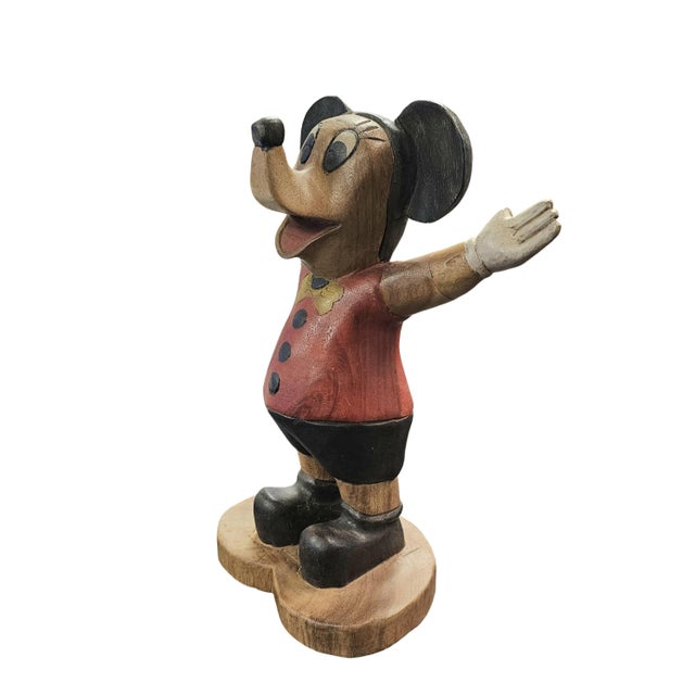 Hand-Carved Folk Art Mickey Mouse Wood Sculpture Figurine 12" For Sale - Image 9 of 13