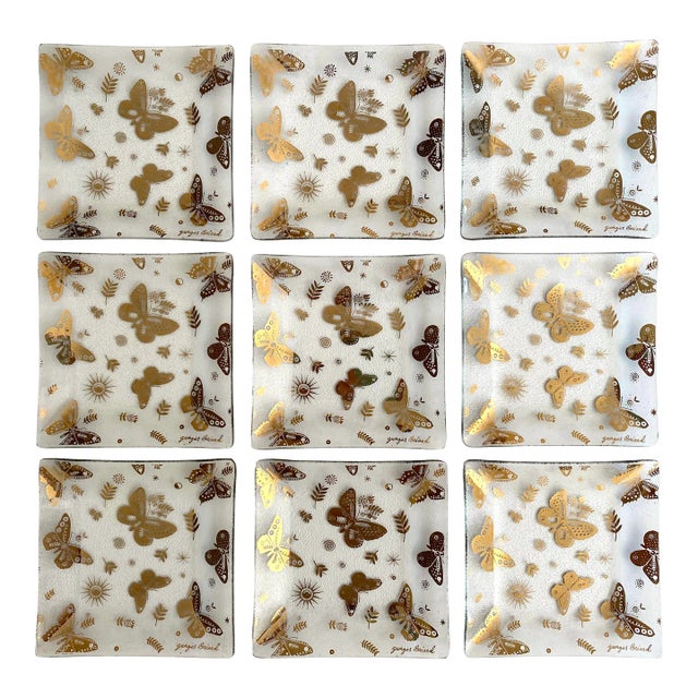 Vintage 1960's Mid Century Modern Georges Briard Gold Leaf Butterflies Glass Canape Hors d'Oeuvre Square Plates - Set of 9 For Sale