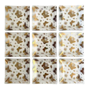 Vintage 1960's Mid Century Modern Georges Briard Gold Leaf Butterflies Glass Canape Hors d'Oeuvre Square Plates - Set of 9