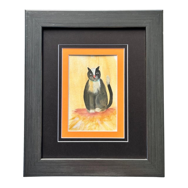 Mid 20th Century Vintage Folk Art Watercolor of a Cat, Framed For Sale