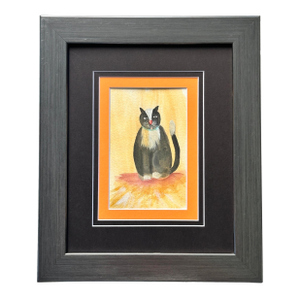 Mid 20th Century Vintage Folk Art Watercolor of a Cat, Framed