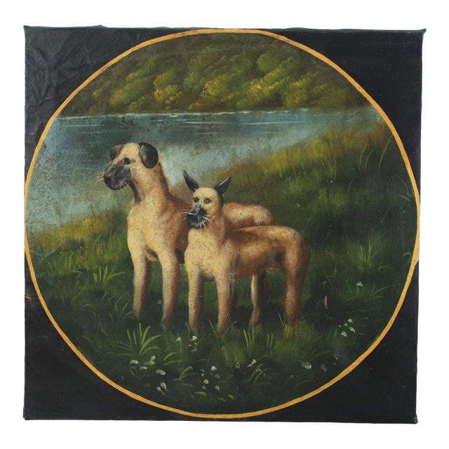 Vintage Hand Painted Folk Art Dog Portrait Circular Oil Painting on Canvas With Pastoral Landscape For Sale