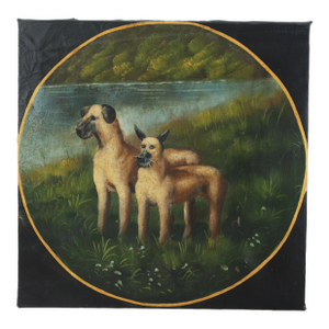 Vintage Hand Painted Folk Art Dog Portrait Circular Oil Painting on Canvas With Pastoral Landscape