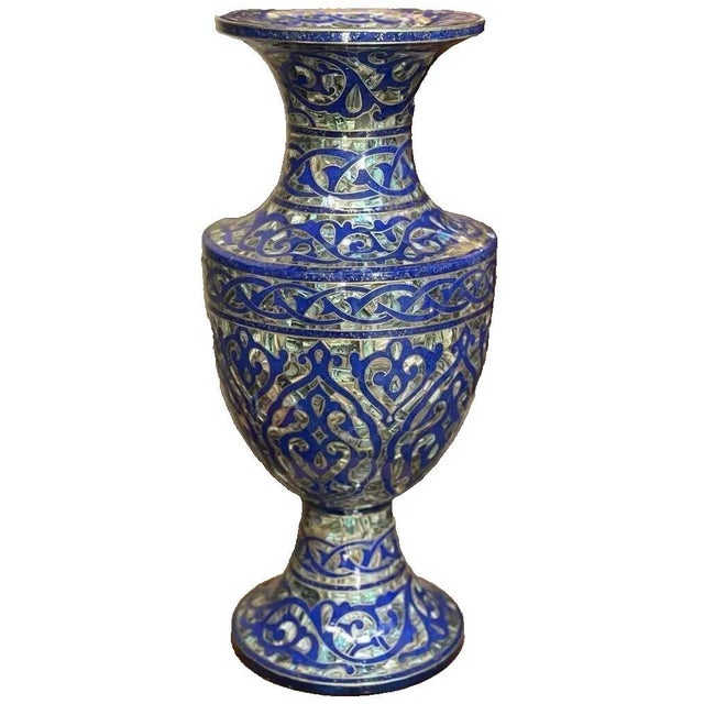Traditional Mother of Pearl Wooden Vase 24” – Handmade Decor For Sale - Image 3 of 8
