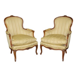 Fine Pair Silk Upholstered Carved Walnut Louis XV Style Bergère Chairs For Sale