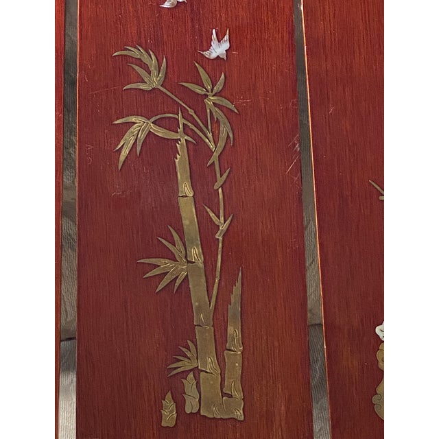 Maroon Set of 3 Vintage 1940s Chinoiserie Brass and Mop Inlaid Birds Flowers Panels For Sale - Image 8 of 11