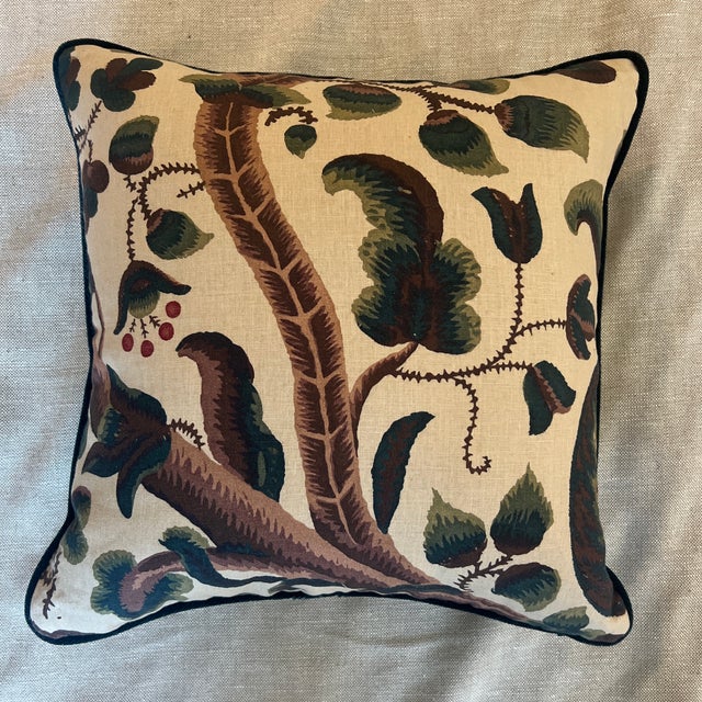 Custom Designed 22” Claremont Tree of Life Linen Pillows With Mohair Velvet Welt Down Inserts - A Pair For Sale - Image 4 of 8