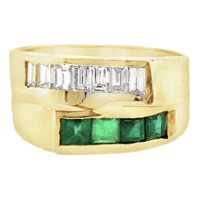 Vintage 14k Emerald and Diamond Band Ring, Size 7.75 For Sale