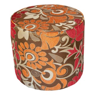 Vintage Moroccan Round Pouf Ottoman in 1970s Psychedelic Floral Velvet For Sale
