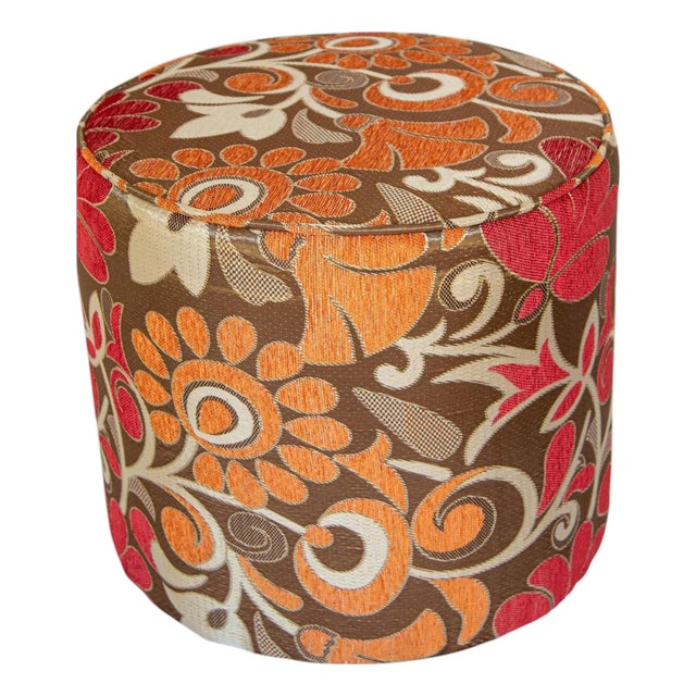 Vintage Moroccan Round Pouf Ottoman in 1970s Psychedelic Floral Velvet For Sale
