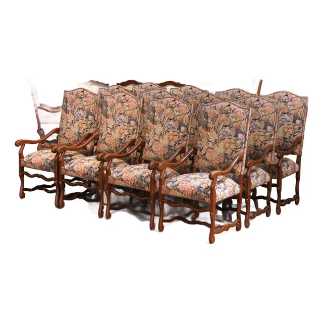 Louis XIII Style Oak Dining Room Armchairs With Tapestry Upholstery, Set of 12 For Sale