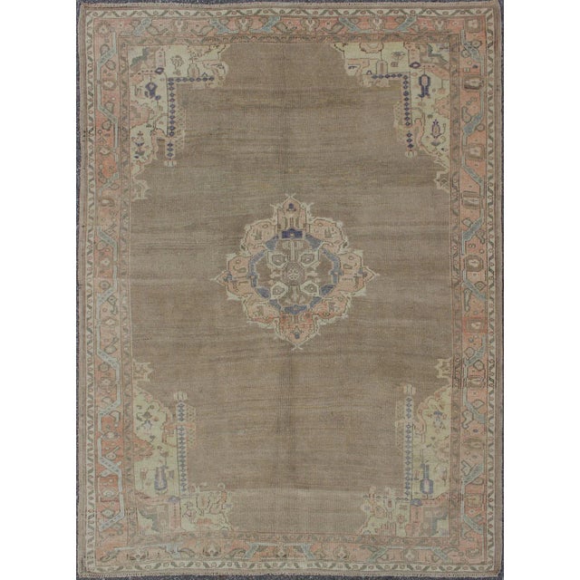 Vintage Turkish Oushak Rug With Taupe, Coral, Blue and Soft Green Tones For Sale - Image 9 of 9