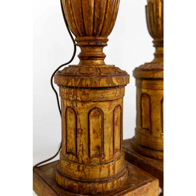 Early 20th Century Large Neoclassical Carved Gilt Wood Lamps - Pair For Sale - Image 10 of 12