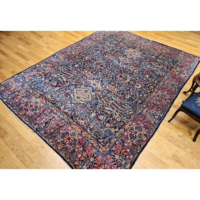 Textile Vintage Persian Yazd Rug, Hand-Knotted Wool, Allover Floral Pattern, Navy & Red, 9x12 For Sale - Image 7 of 18