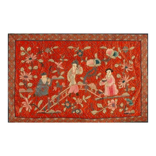 1930s Red Eight Immortals Chinese Silk Pictorial Embroidery 2' X 3' Carpet Rug For Sale