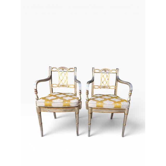 Hollywood Regency Pair of Vintage Maitland-Smith Silver & Gold Leaf Neoclassical Armchairs With New Designer Cushions For Sale - Image 3 of 14