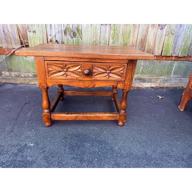 Farmhouse Antique Early 20th Century Rustic Spanish Baroque Carved Walnut Side Table For Sale - Image 3 of 17