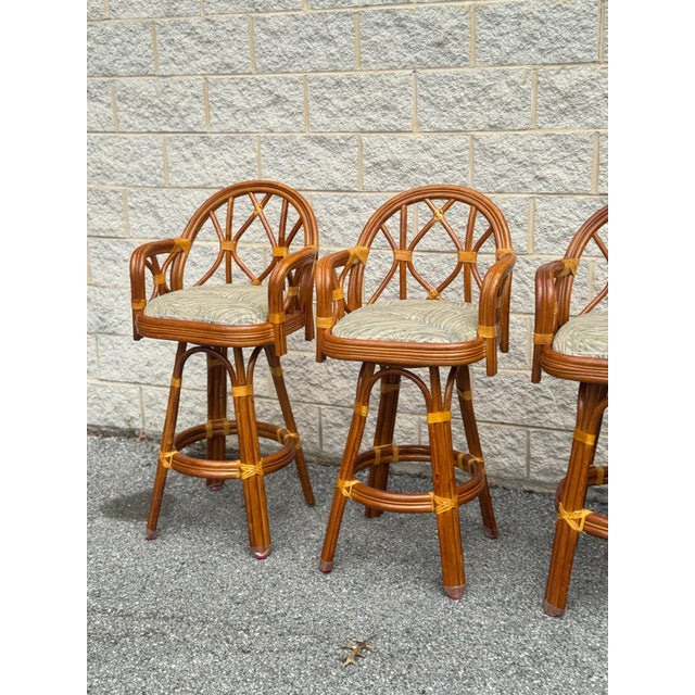 Hollywood Regency Vintage Rattan Swivel Bar Stools, Set of 4 For Sale - Image 3 of 12