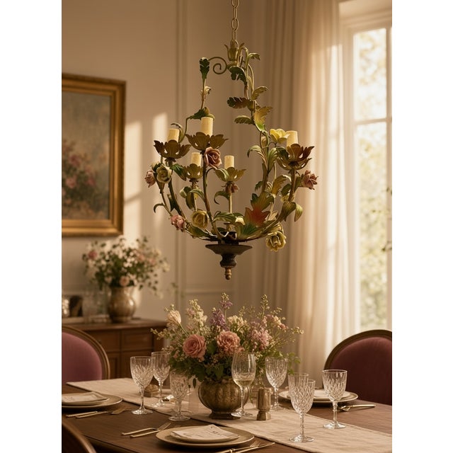 Italian Tole & Ceramic Floral Chandelier, 1960s An enchanting mid-century Florentine floral chandelier, handcrafted in...
