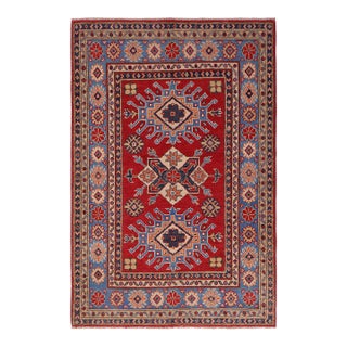 1990s Rustic Kazak Red/Light Blue Wool Rug - 3'3'' X 4'9'' For Sale