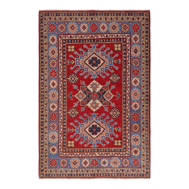 1990s Rustic Kazak Red/Light Blue Wool Rug - 3'3'' X 4'9'' For Sale