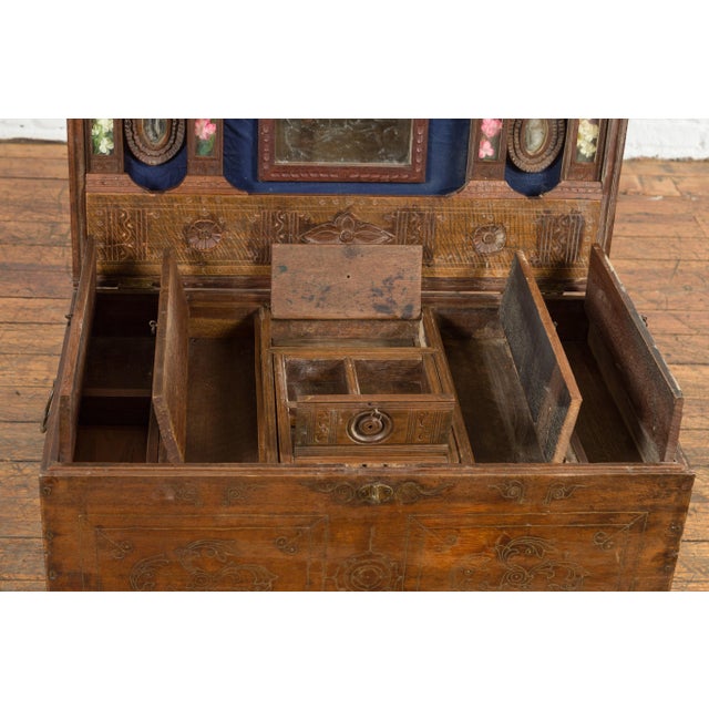 Indian Vintage Wedding Chest with Brass Foliage Décor and Multiple Compartments For Sale - Image 9 of 13